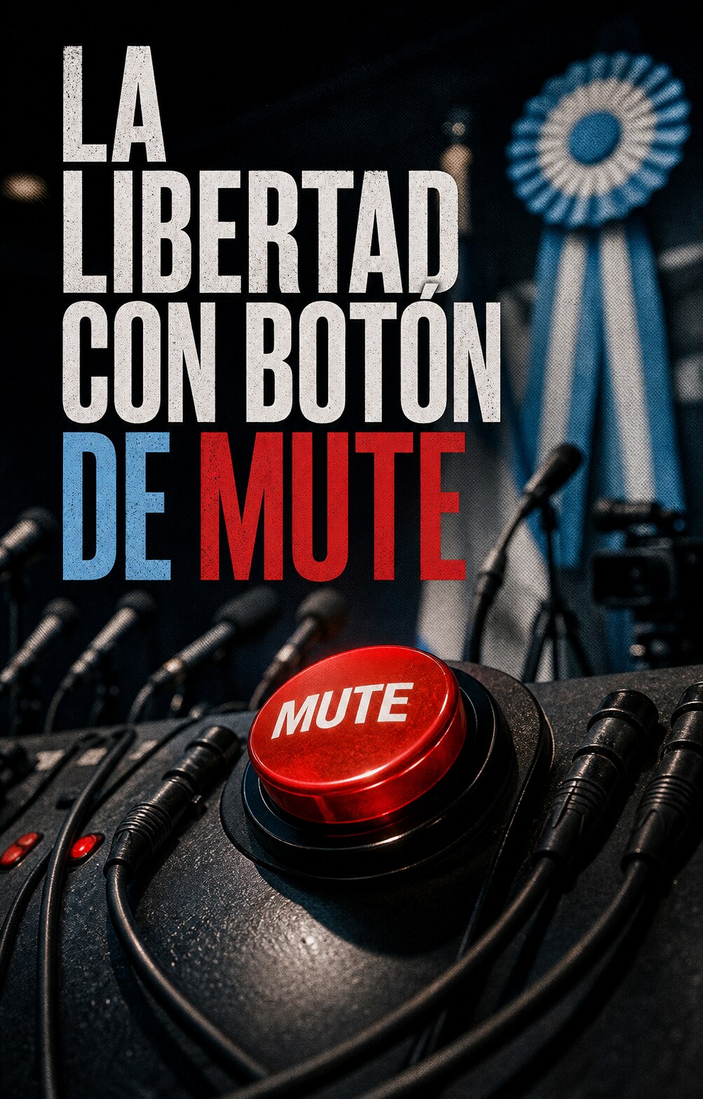 Afiche político con un botón rojo de MUTE en primer plano, micrófonos alrededor y el texto La libertad con botón de mute
