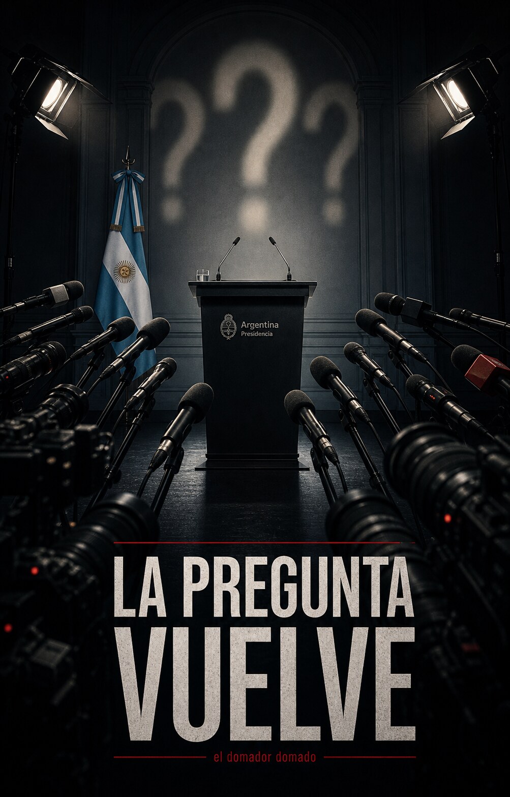 Afiche editorial de un atril vacío bajo luces de interrogatorio, rodeado de micrófonos y signos de pregunta proyectados en la pared