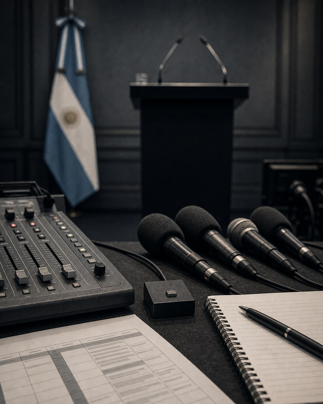 Mesa de control de una sala de prensa con micrófonos, mixer, agenda y cuaderno en clave de periodismo de investigación