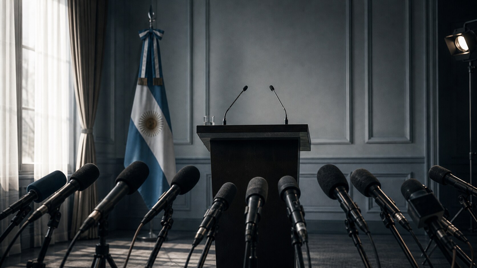 Sala de prensa oficial vacía, con atril y micrófonos en una composición sobria de análisis periodístico
