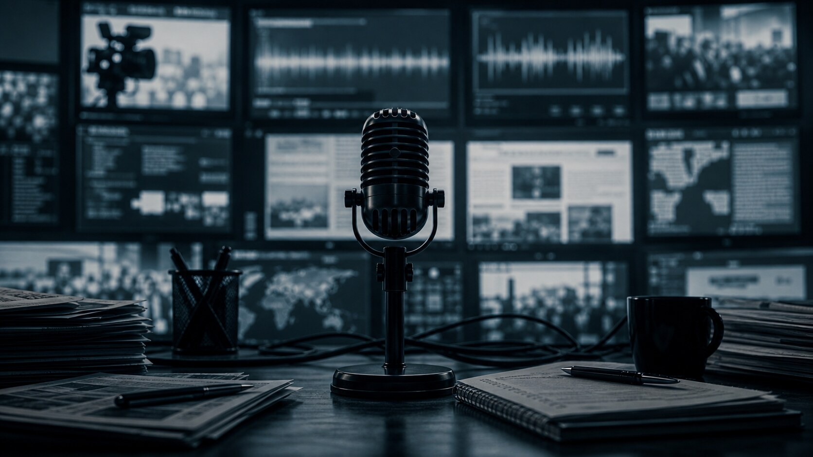 Micrófono en una redacción con monitores borrosos y señales mediáticas abstractas
