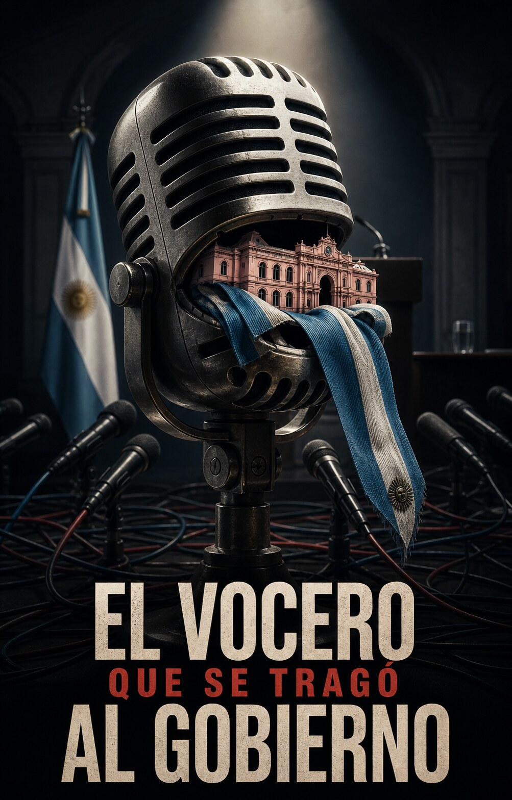Afiche surrealista de un micrófono gigante que devora una miniatura de un edificio gubernamental argentino y una cinta celeste y blanca