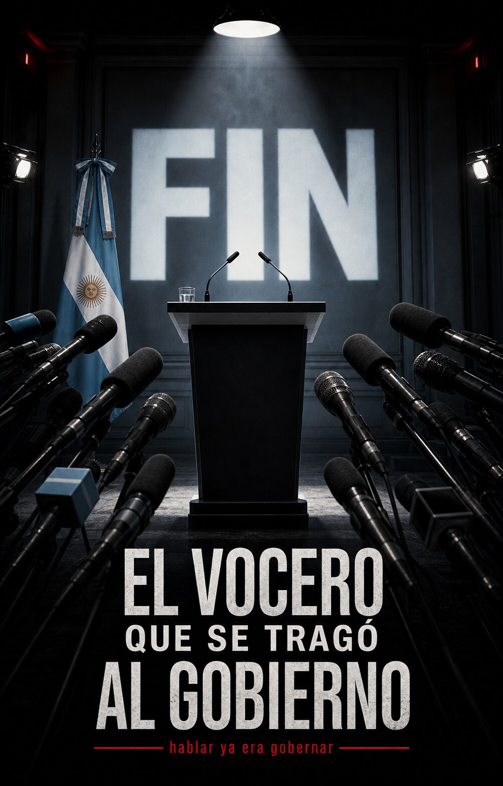 Afiche editorial de una sala de prensa argentina vacía con un atril bajo luces duras, micrófonos apuntando y la palabra FIN proyectada en el fondo