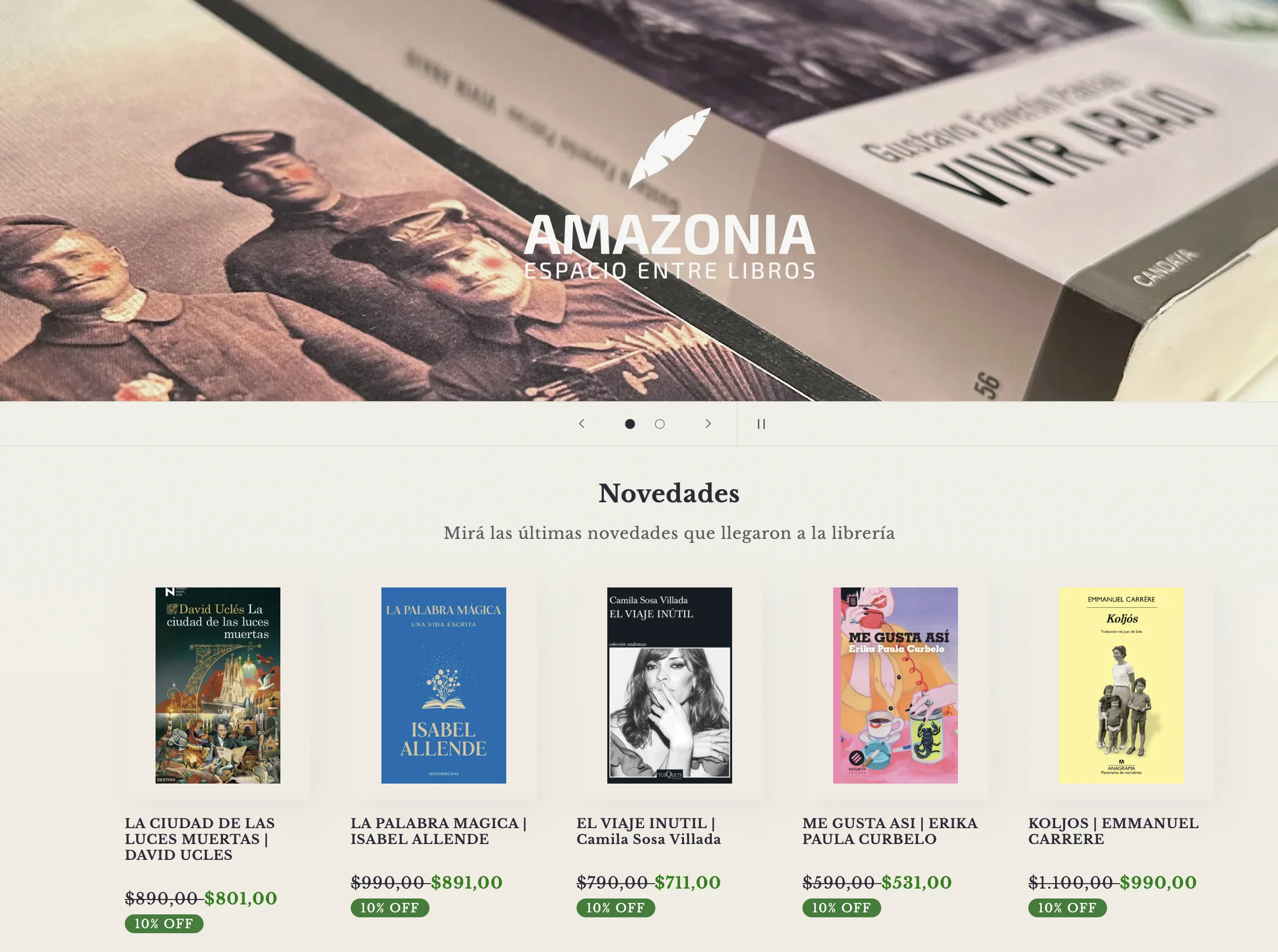 Captura de Amazonia con novedades y etiquetas de 10% OFF en libros de precio habitual y oferta