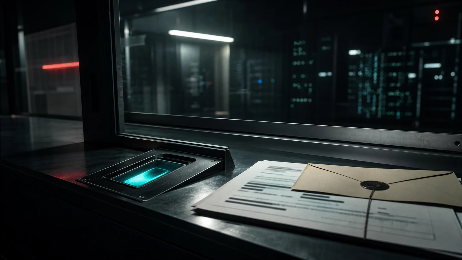 Escáner biométrico encendido junto a un sobre sellado y documentos institucionales sin texto legible