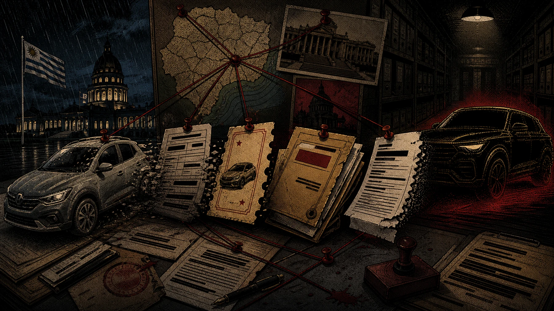 Portada de cómic noir con documentos públicos, autos, mapa, hilos rojos y estética de investigación política