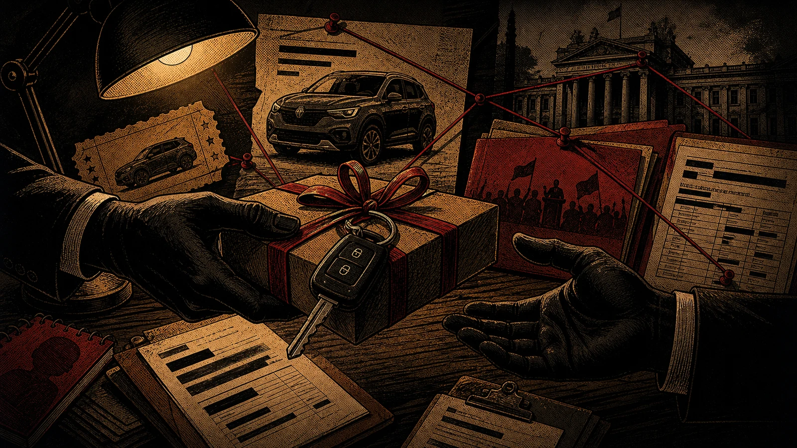 Viñeta de cómic noir con llave, moña de regalo, documentos electorales y hilos rojos