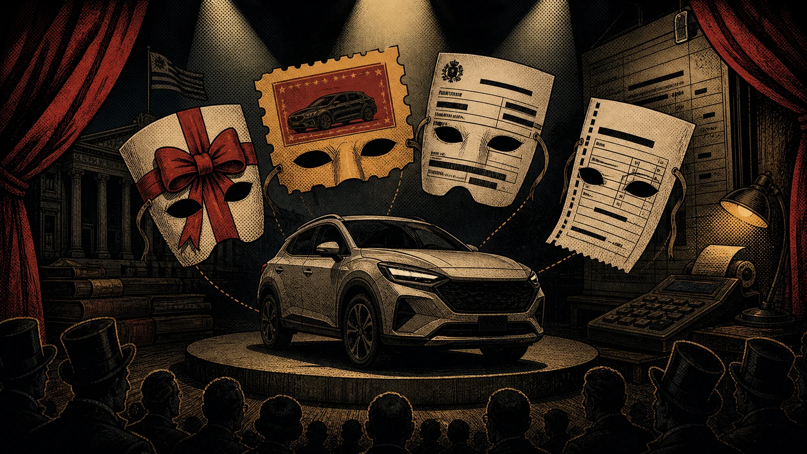 Viñeta de cómic noir con automóvil en escenario, máscaras de papel con las palabras donación, rifa, premio y pago