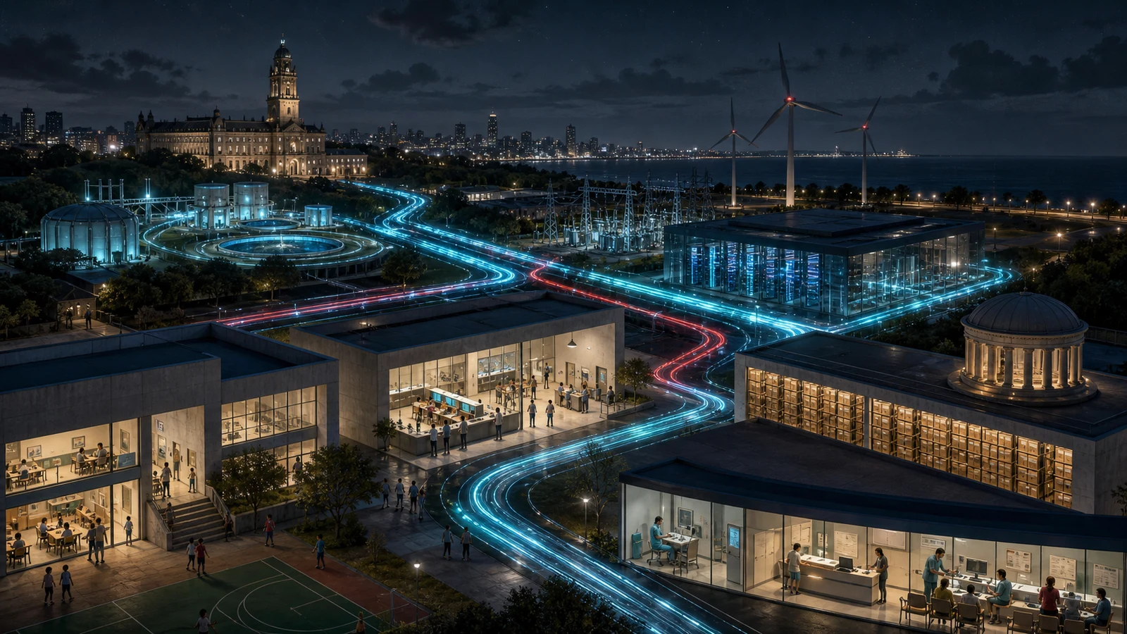 Panorama nocturno de infraestructura pública digital, escuelas, hospitales, energía, archivos y datos conectados