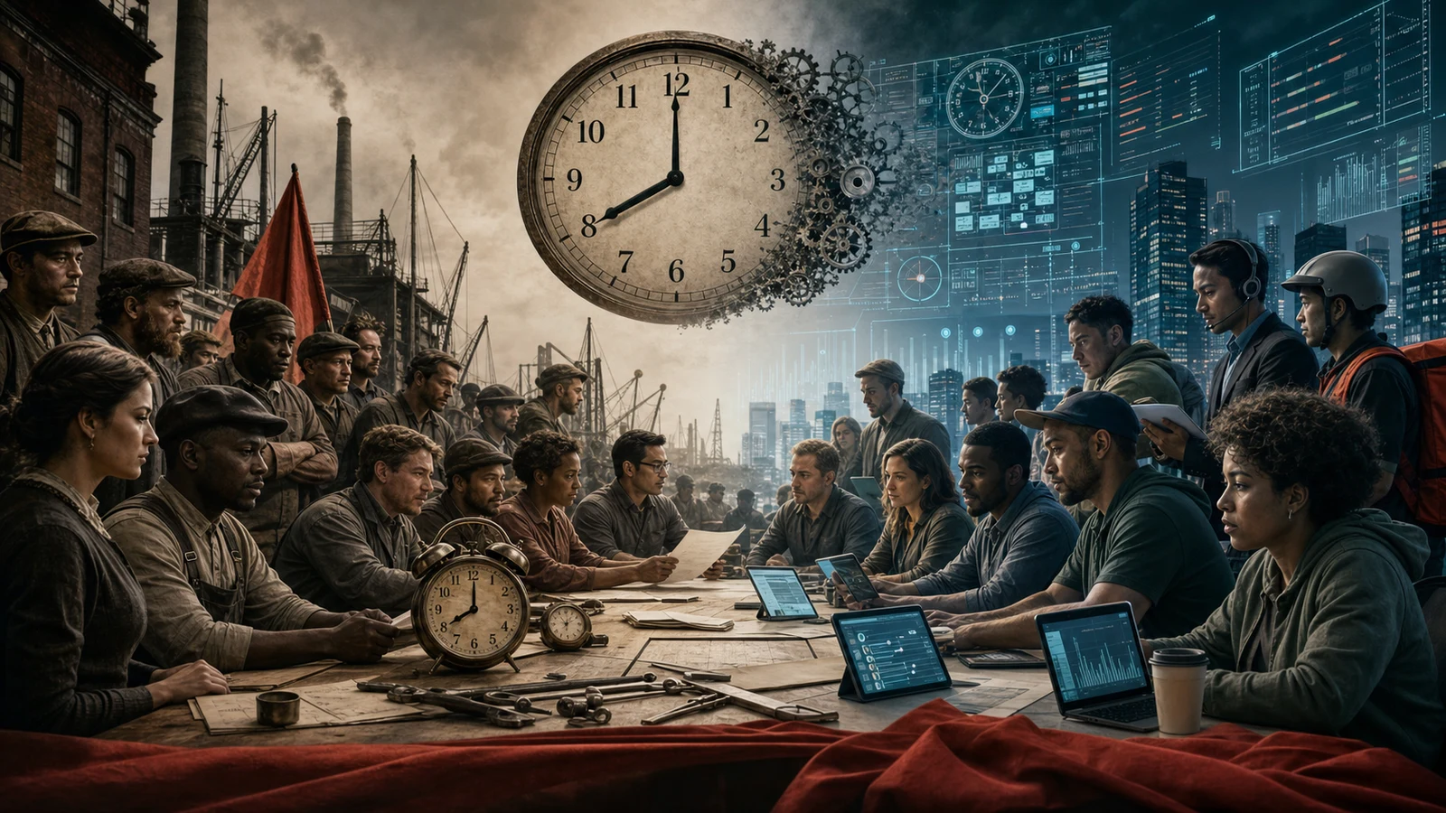 Mesa de negociación entre trabajadores históricos y trabajadores contemporáneos ante un reloj de ocho horas y un tablero algorítmico