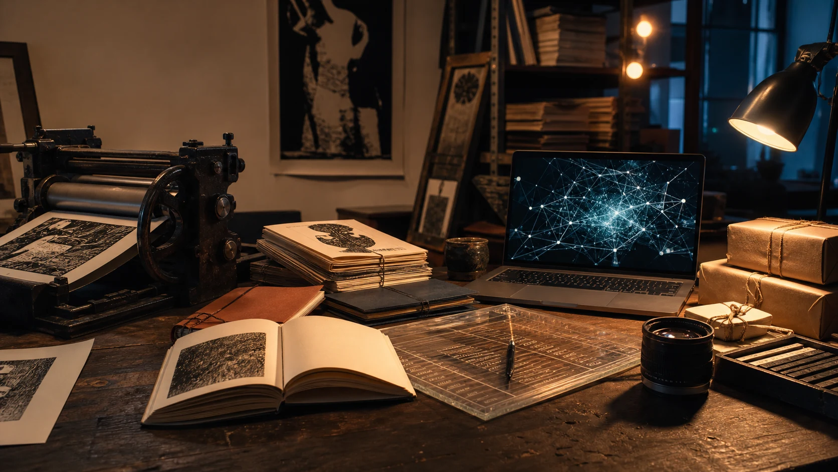 Mesa editorial nocturna con imprenta, libro abierto, laptop con redes abstractas y paquetes de librería
