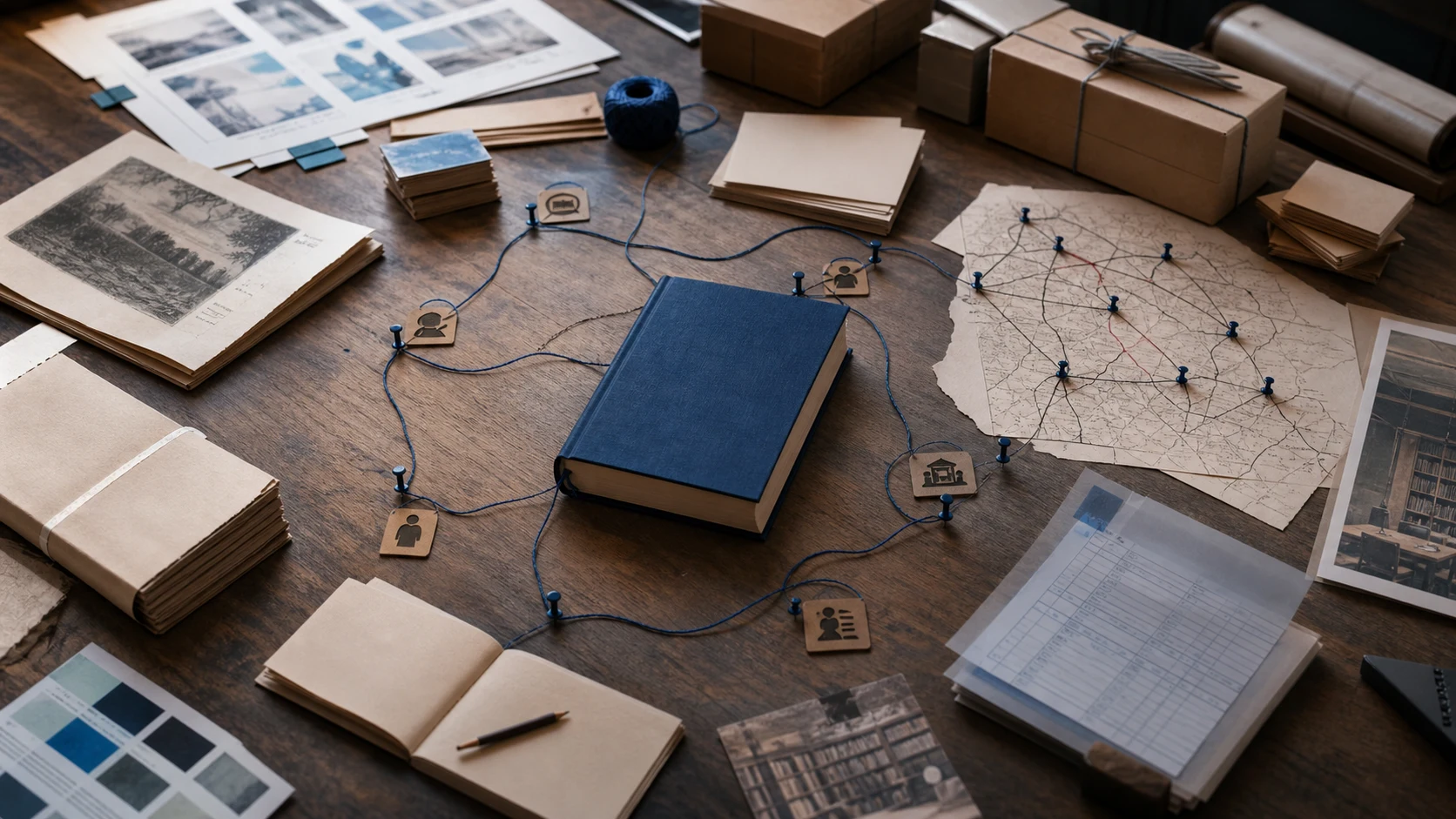 Mesa de editorial con libro, pruebas de imprenta, recibos en blanco, mapas de librerías y cajas de distribución