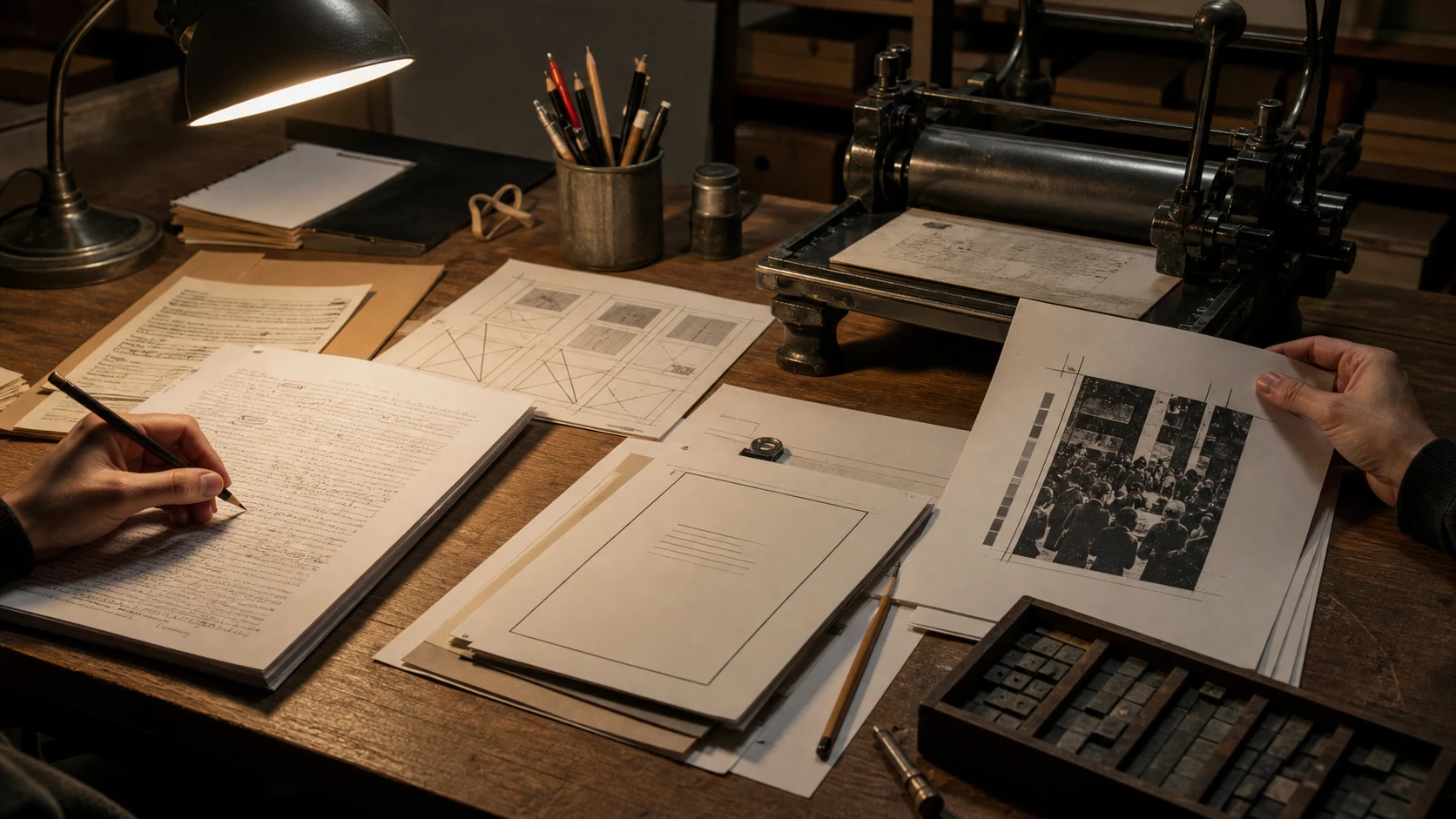 Mesa de edición con manuscrito, pruebas, contrato, lápices y pequeña prensa manual