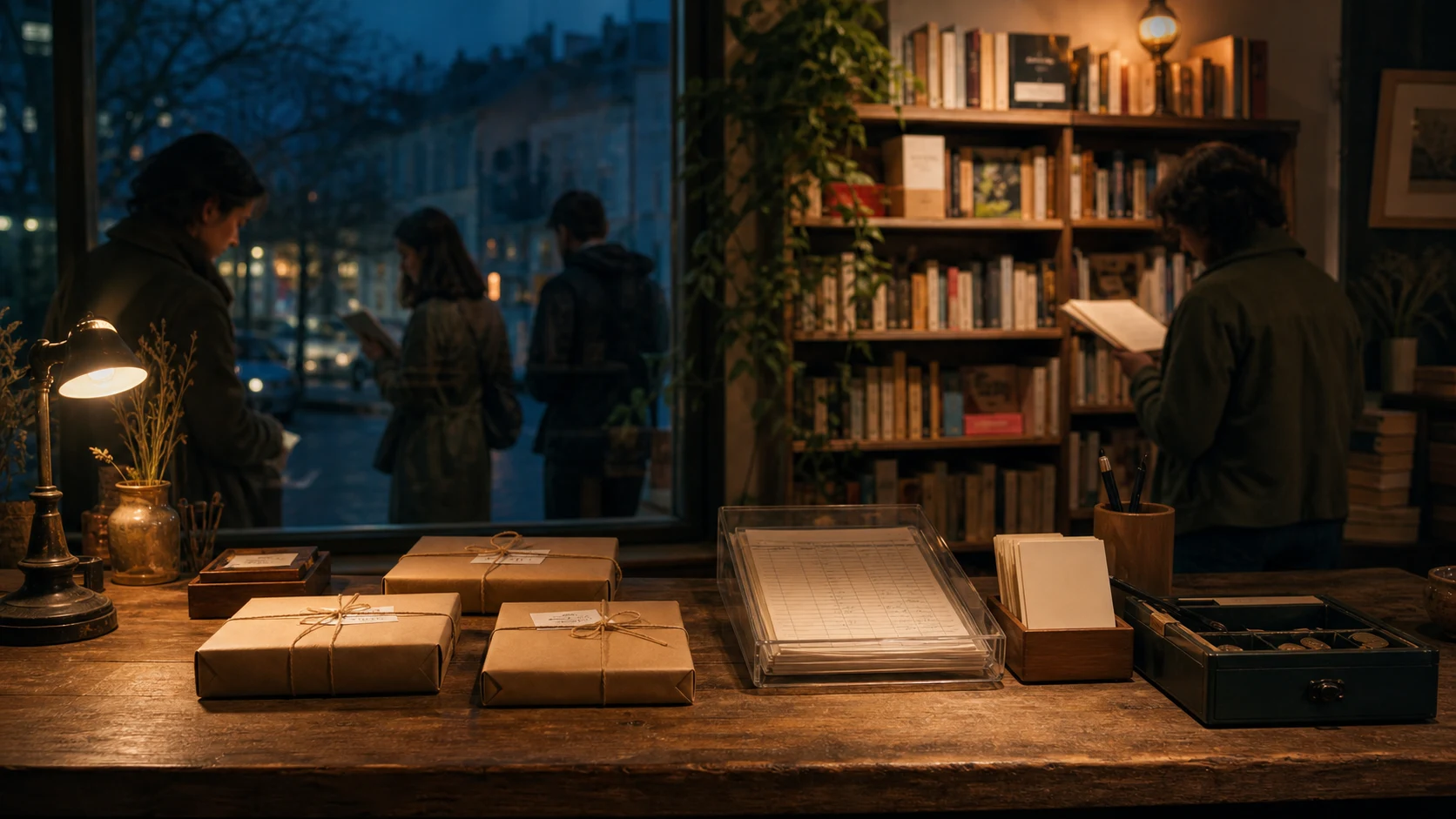 Mostrador de librería independiente con libros reservados, tarjetas en blanco, libro contable y lectores al fondo
