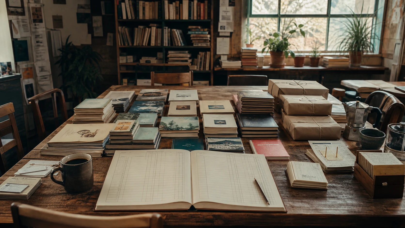 Mesa comunitaria con libros, cuadernos contables abiertos, paquetes y sillas vacías en una sala cultural