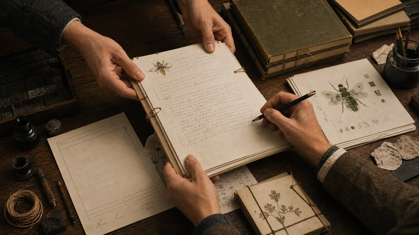 Manos revisan un manuscrito con contrato, lápiz y piezas de imprenta sobre una mesa editorial
