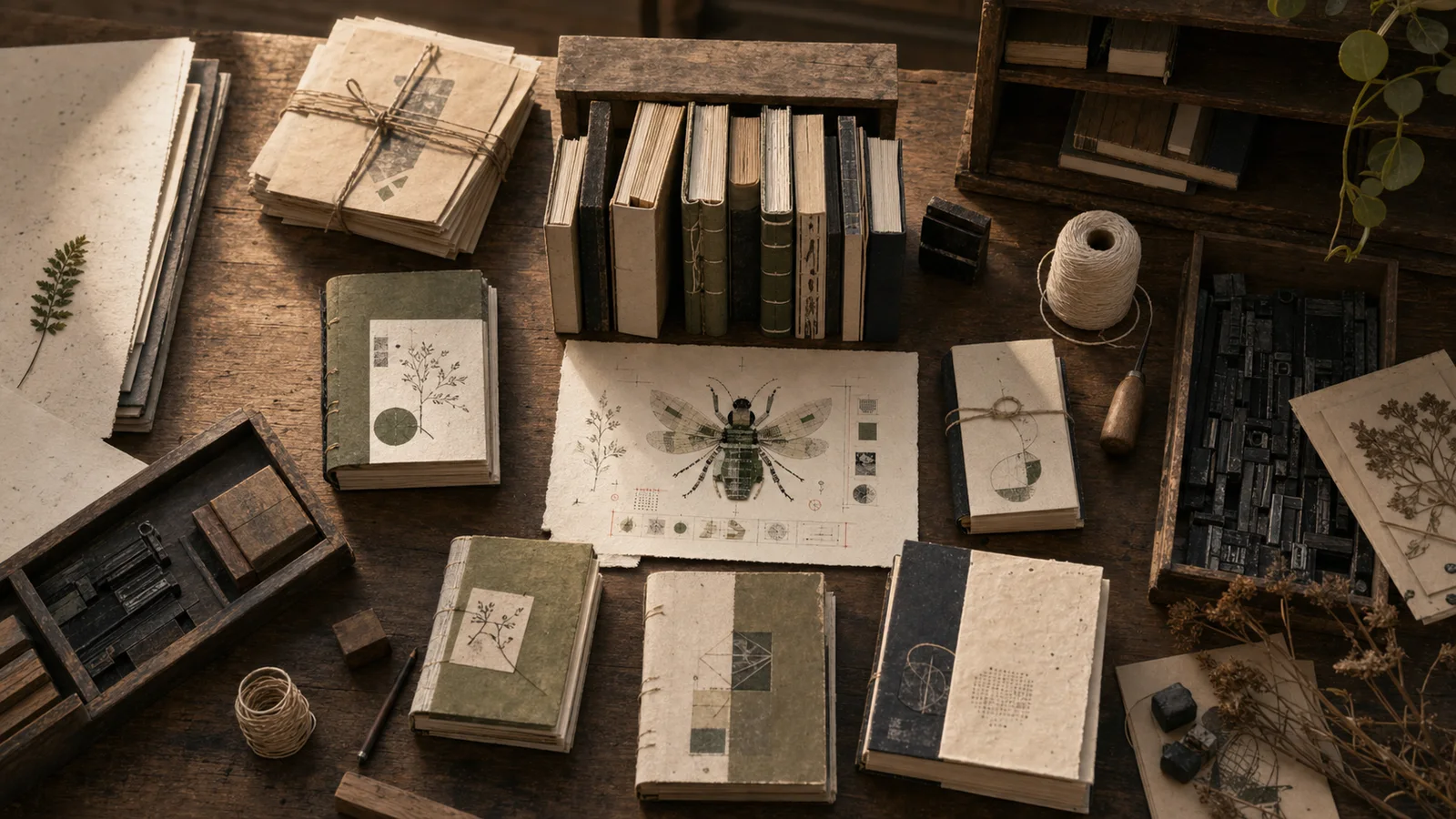 Pequeño catálogo artesanal en construcción con libros únicos, papeles de imprenta y un insecto editorial sobre una mesa de trabajo