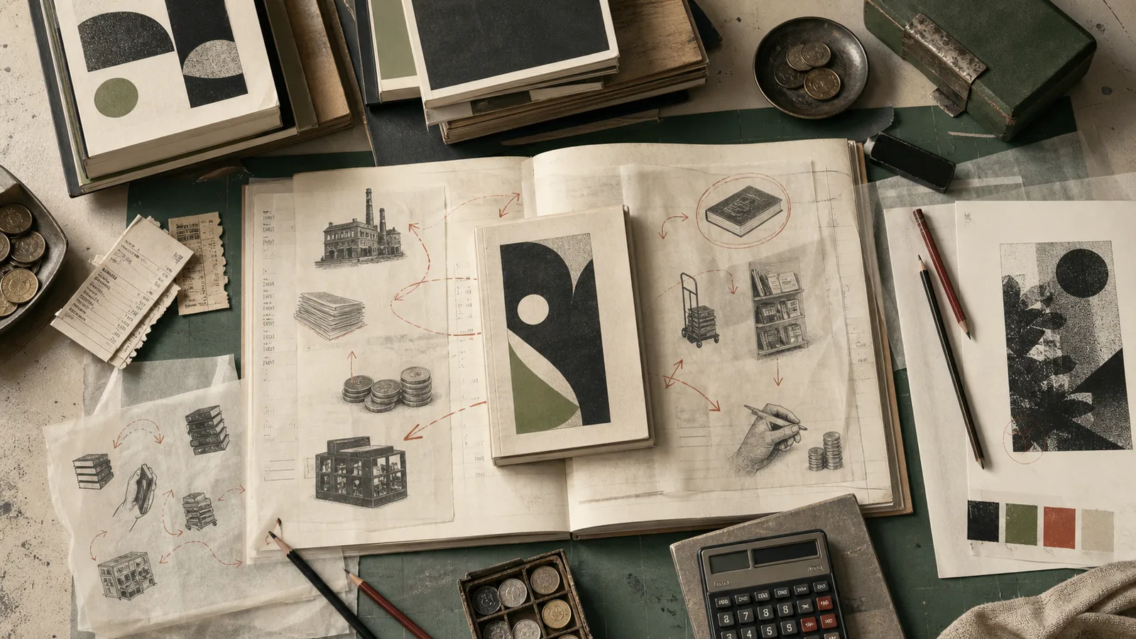 Mesa editorial con cuadernos contables, libros pequeños, monedas, pruebas gráficas y flechas de corrección sobre papel translúcido