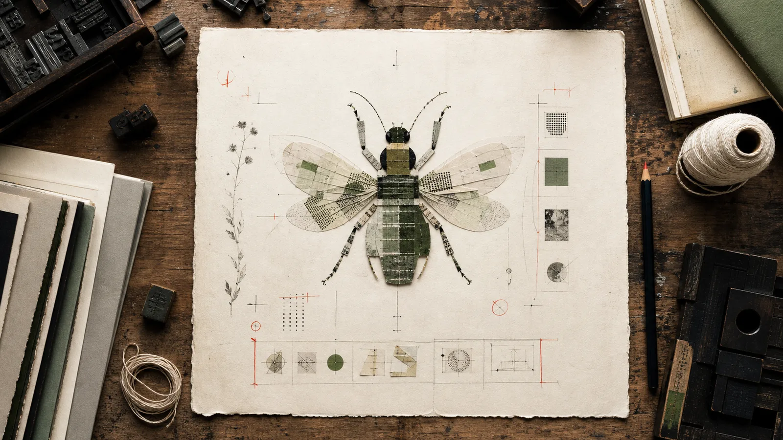 Lámina editorial de un insecto hecho con fragmentos de papel, tinta y piezas de imprenta sobre una mesa de trabajo