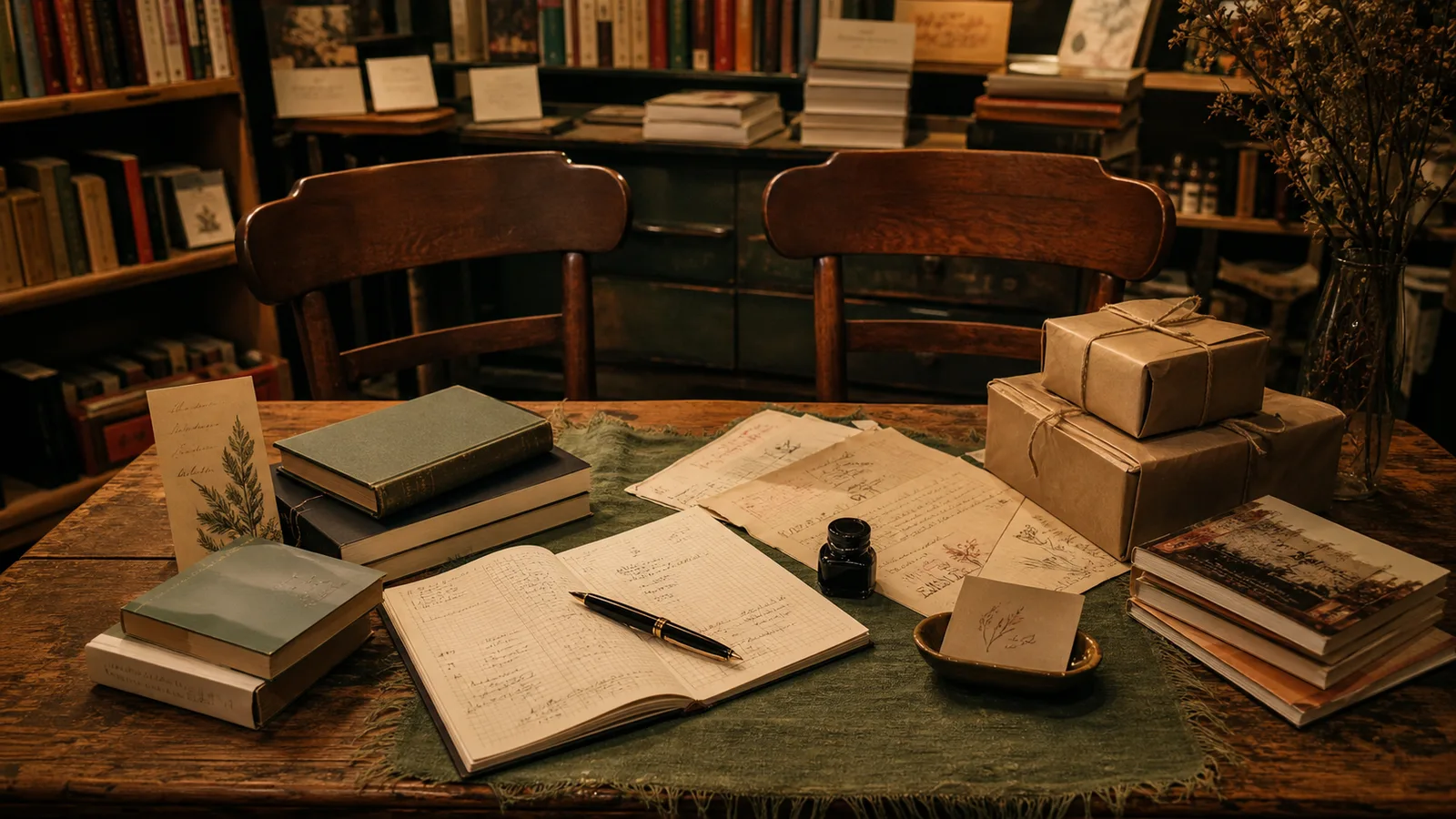 Mesa de librería independiente con libros, paquetes, cuaderno de consignación y dos sillas vacías bajo luz cálida
