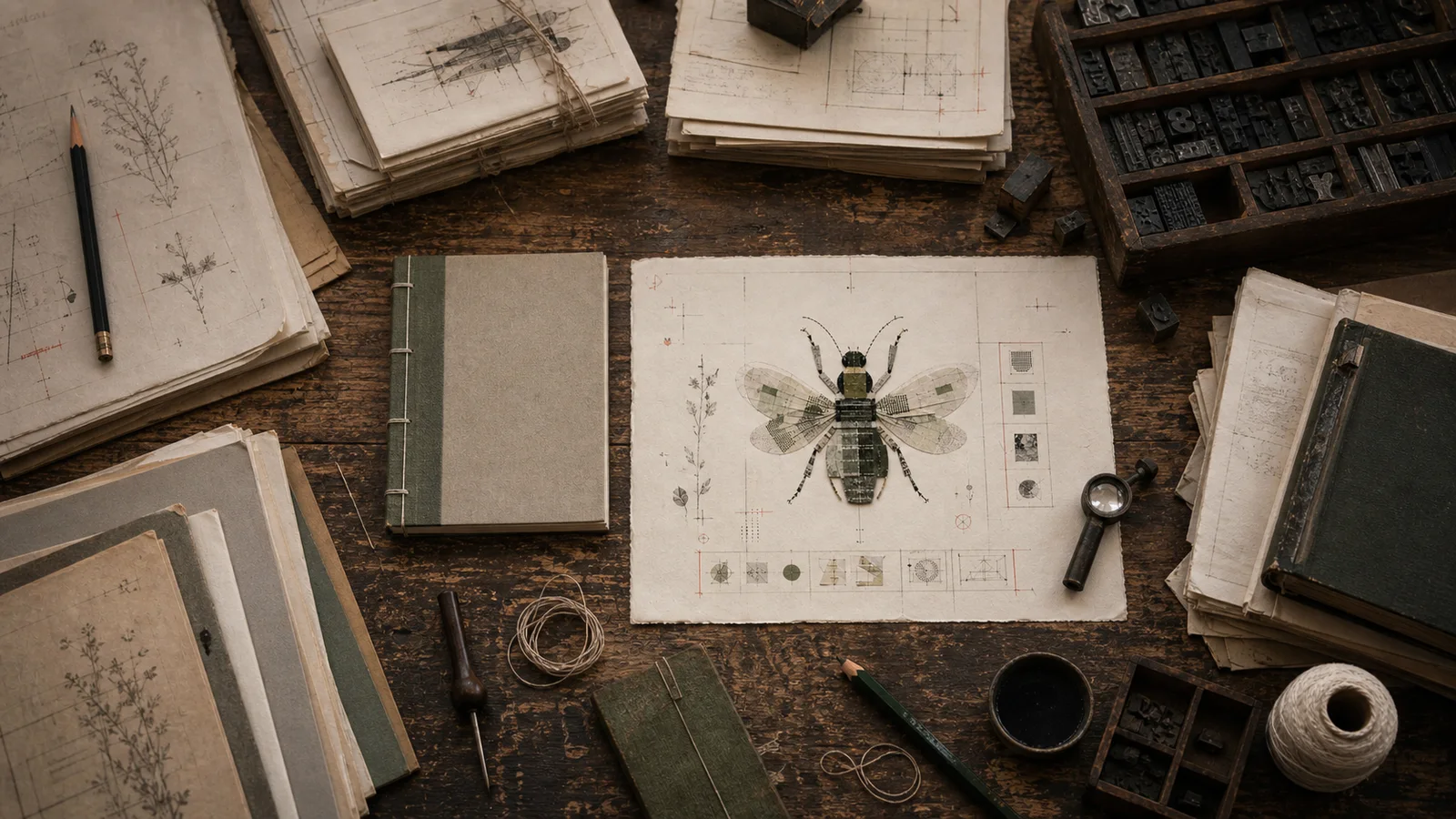 Mesa editorial con pocos manuscritos seleccionados, papeles de imprenta y un espécimen de insecto como emblema de cuidado