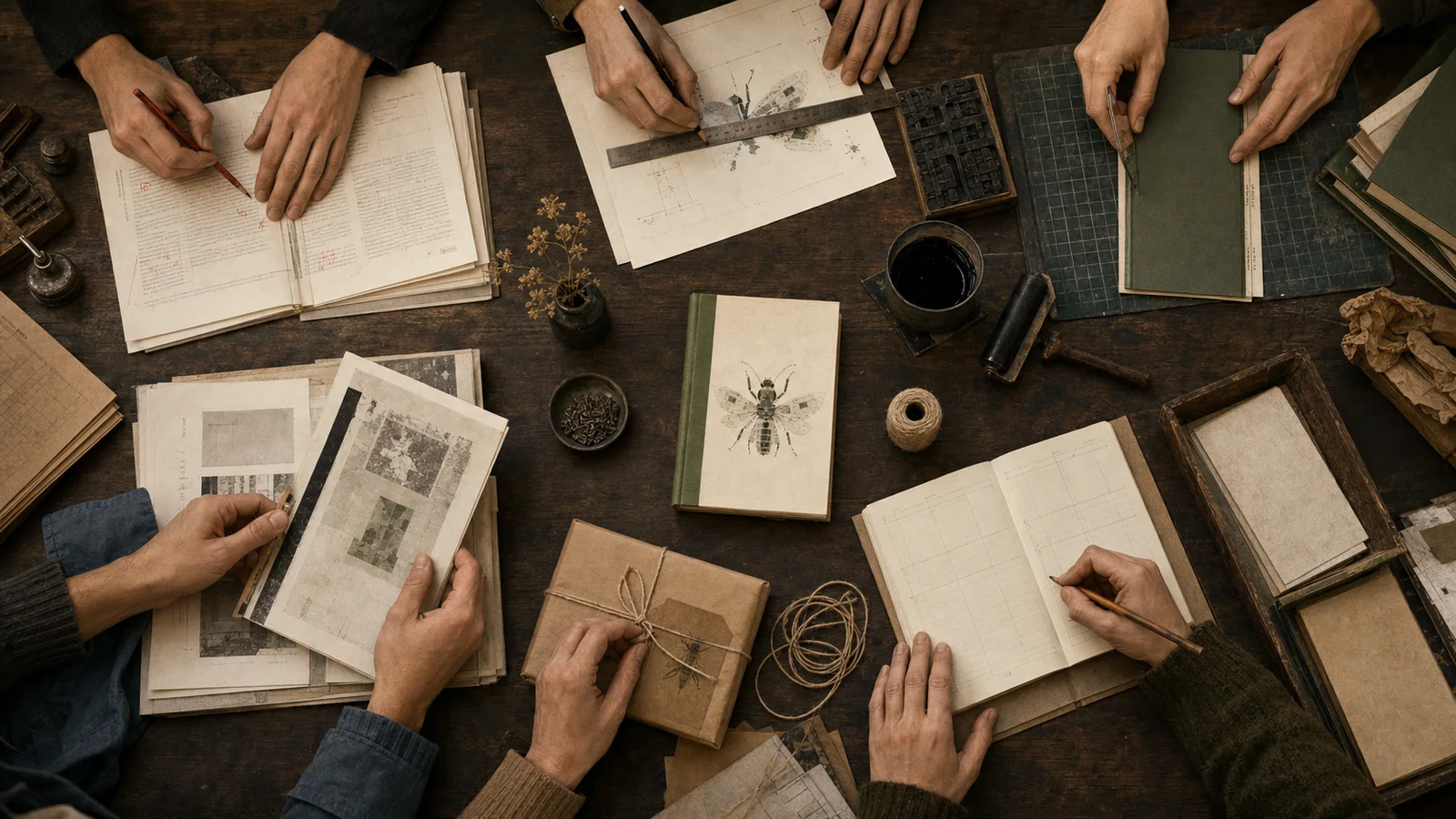 Varias manos trabajan alrededor de un libro con pruebas de corrección, diseño, paquetes y papeles contables