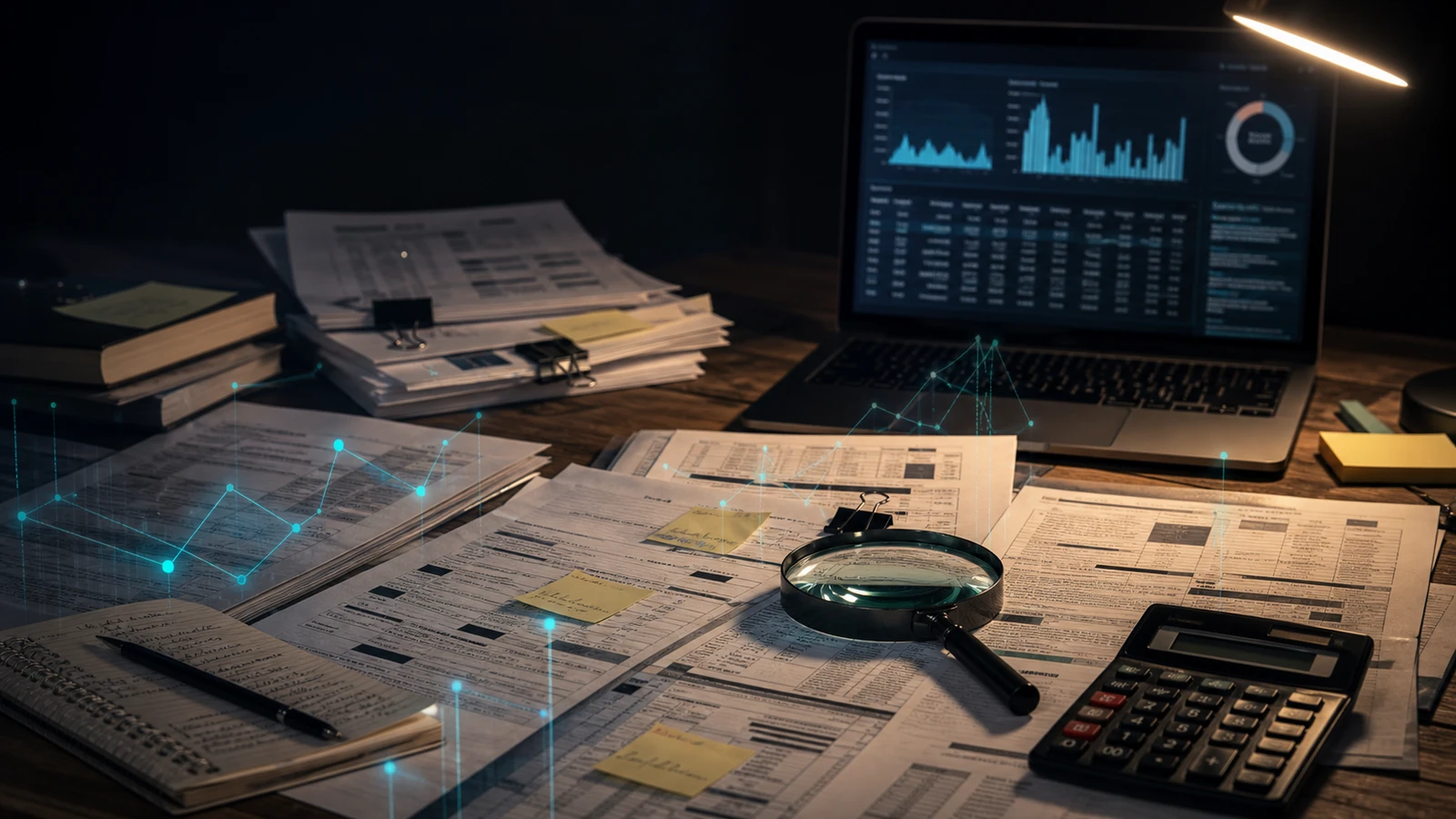 Mesa de investigación con documentos anónimos, laptop con gráficos de datos, lupa y calculadora bajo luz nocturna