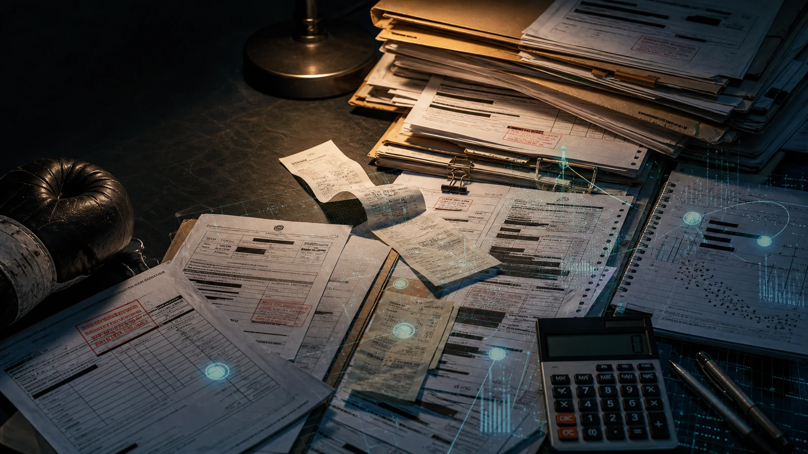 Mesa de investigación con expedientes, formularios, recibos, calculadora, datos superpuestos y un guante de boxeo al costado
