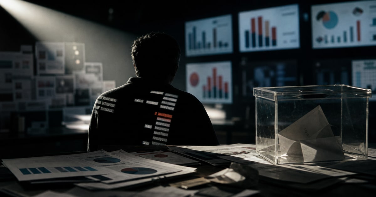 Fotografía editorial de una sala oscura de análisis electoral con una persona anónima, monitores de encuestas y una urna transparente