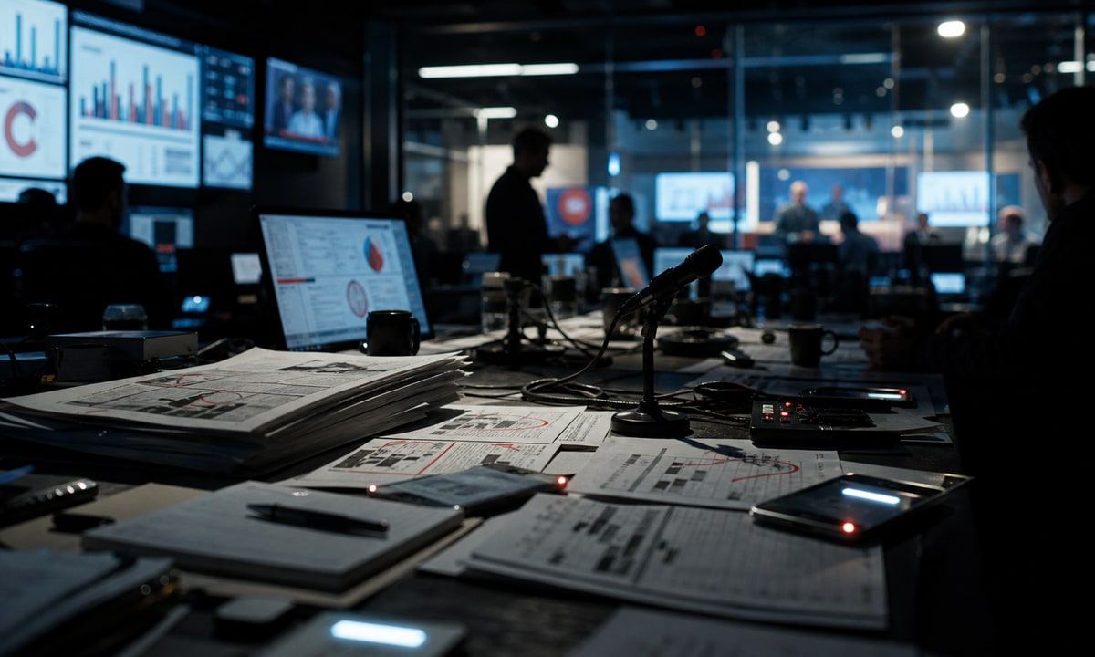Fotografía editorial de una sala de medios nocturna con monitores, micrófonos, celulares y papeles de encuestas acumulados sobre una mesa