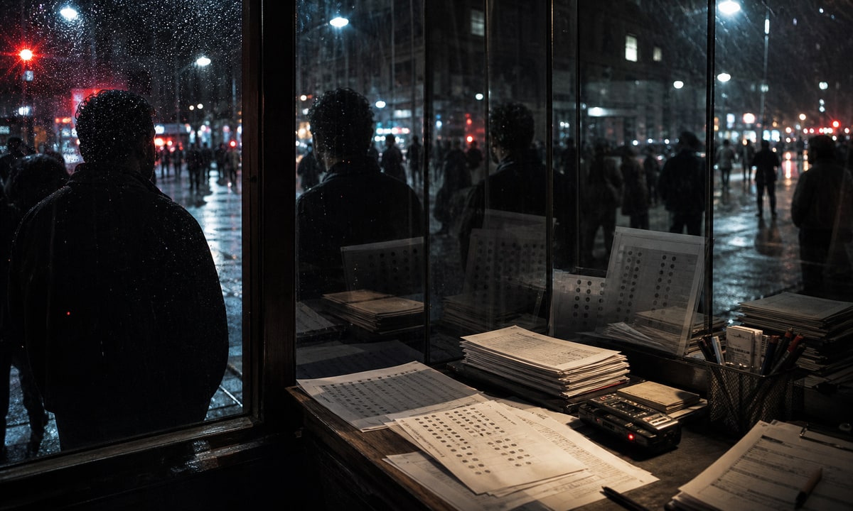 Fotografía nocturna de una persona anónima reflejada en vidrios mientras formularios de encuesta ocupan una oficina frente a la calle