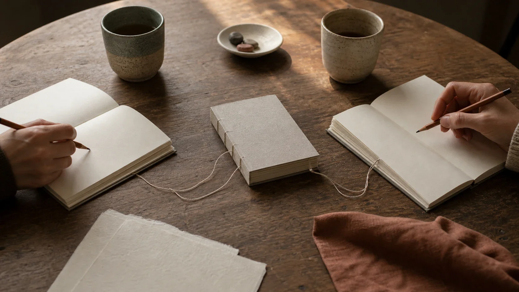 Mesa redonda con dos cuadernos abiertos, tazas y un libro artesanal en el centro