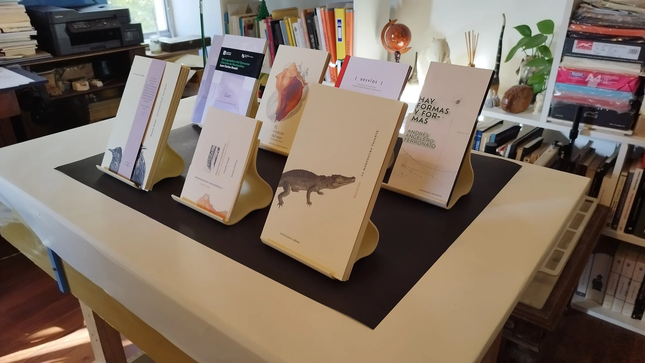 Libros artesanales diversos sobre una mesa del taller Dospájaros