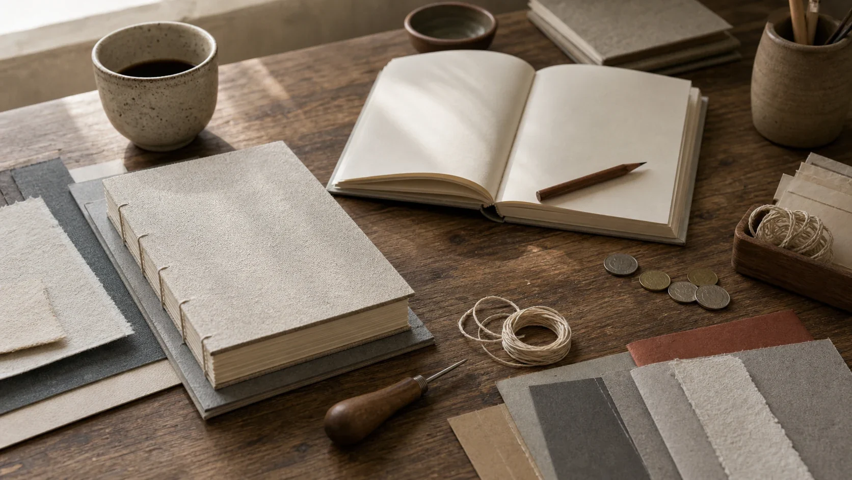 Mesa de trabajo con libro artesanal, cuaderno contable abierto, monedas sin marca y materiales de encuadernación