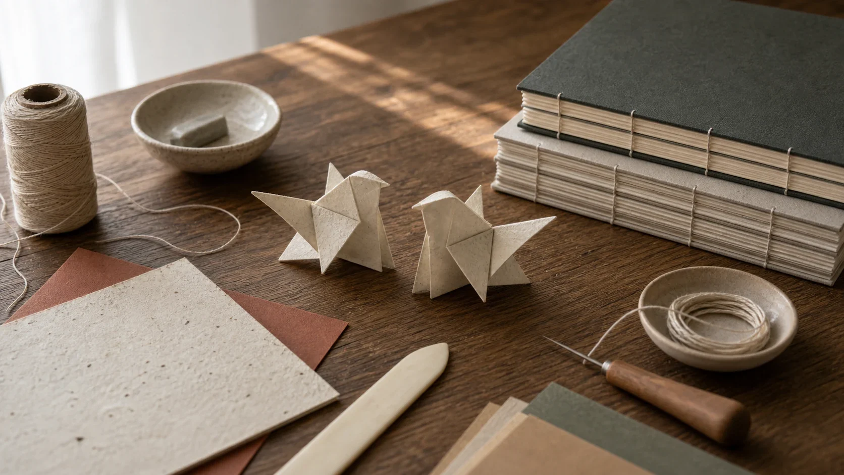 Dos pájaros de papel sobre una mesa con libros artesanales, hilo y herramientas de encuadernación