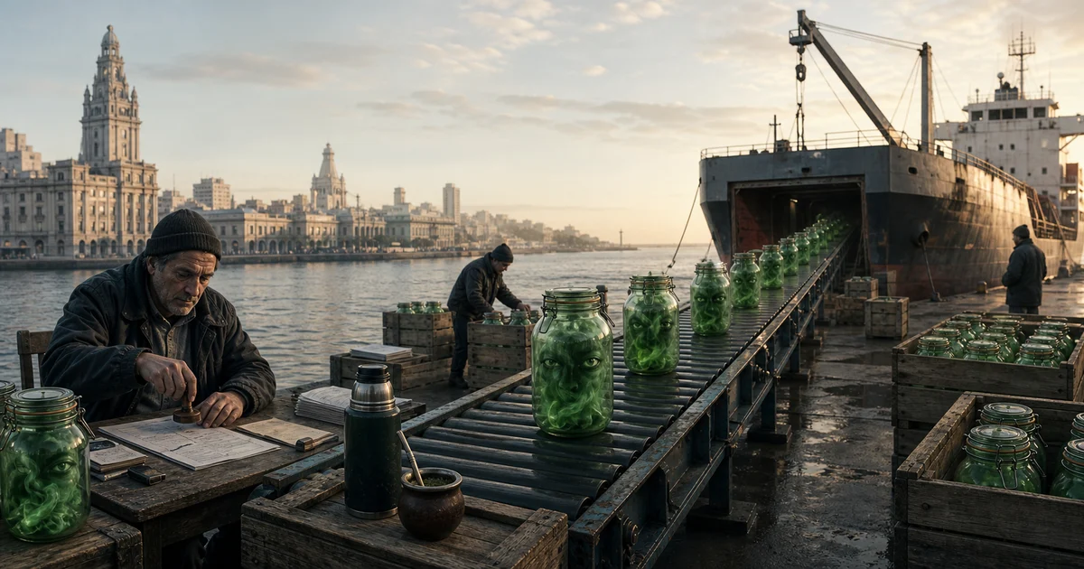 Puerto de Montevideo imaginario donde se exportan frascos de humo verde como si fueran mercadería nacional