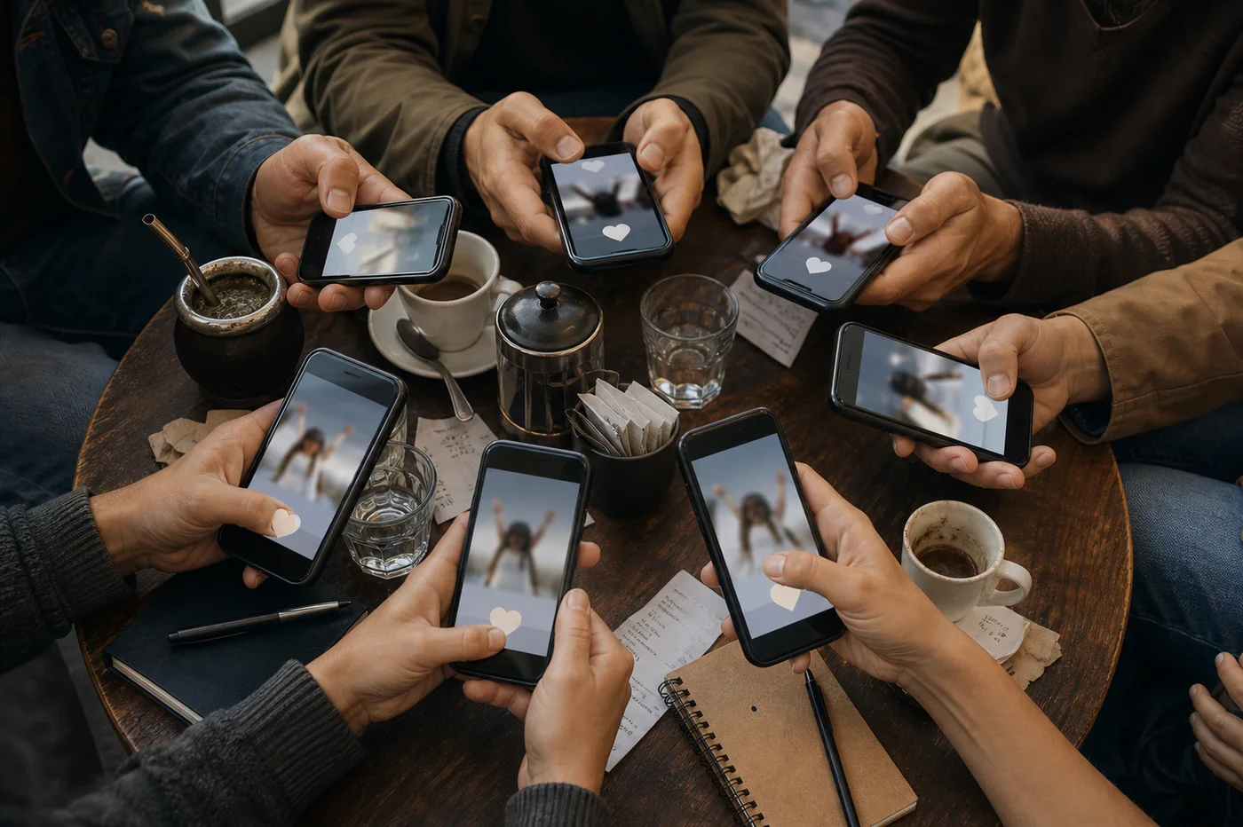 Manos con celulares reteniendo el like frente a una publicación feliz