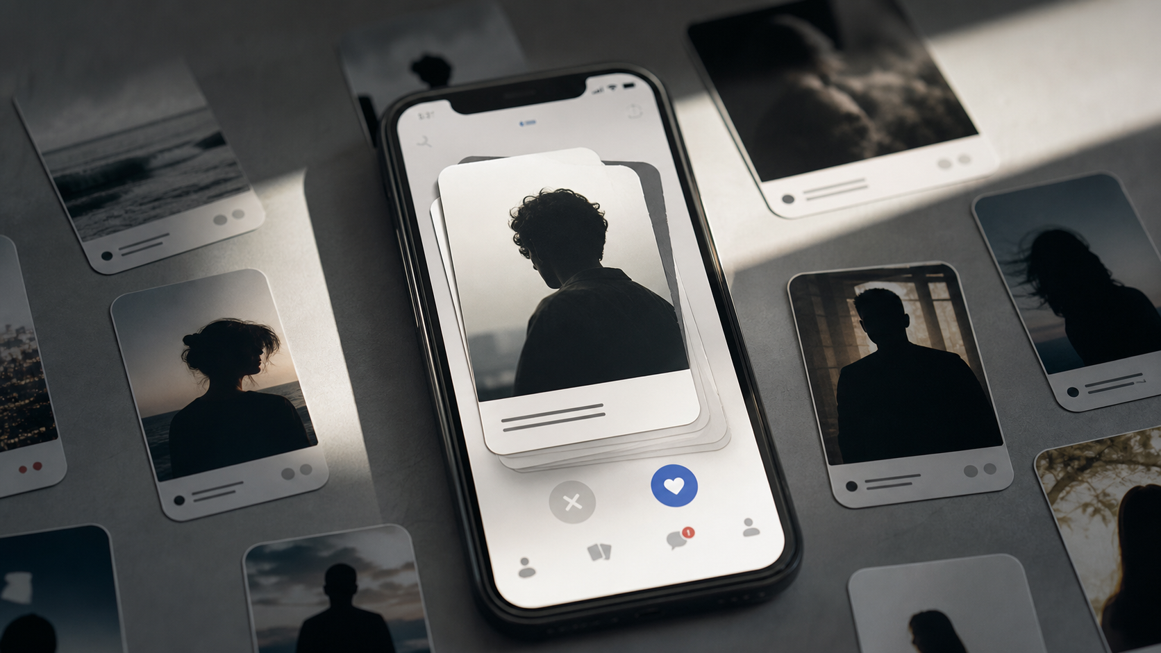 Teléfono con perfiles abstractos de una app de citas sobre una mesa