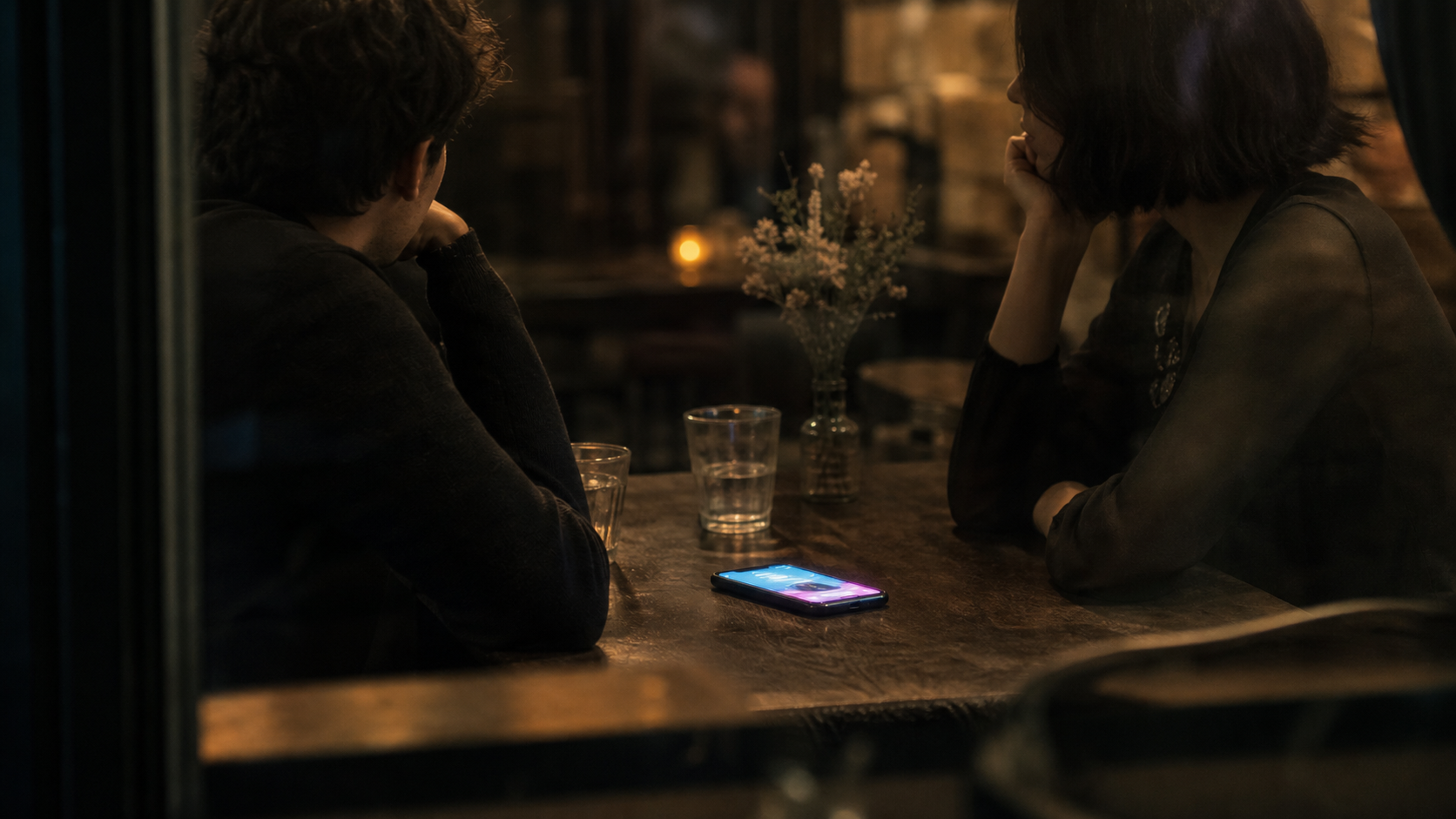 Dos adultos en una cita con un teléfono iluminado entre ellos sobre la mesa