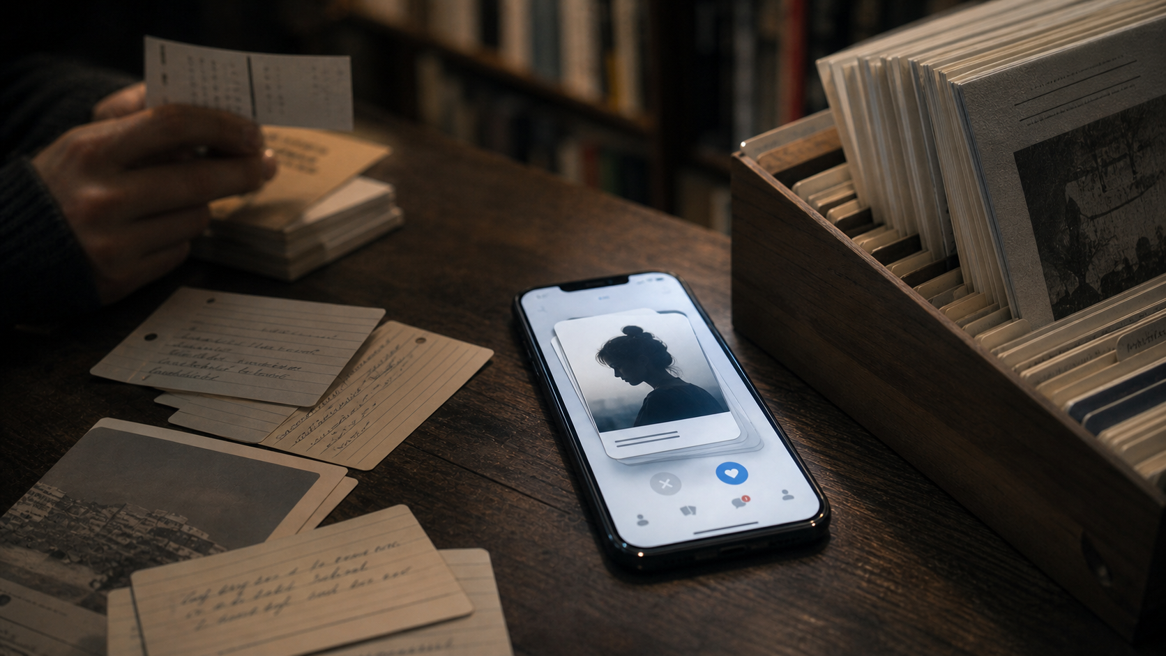 Mesa de librería con fichas de catálogo, libros y un teléfono con perfiles abstractos