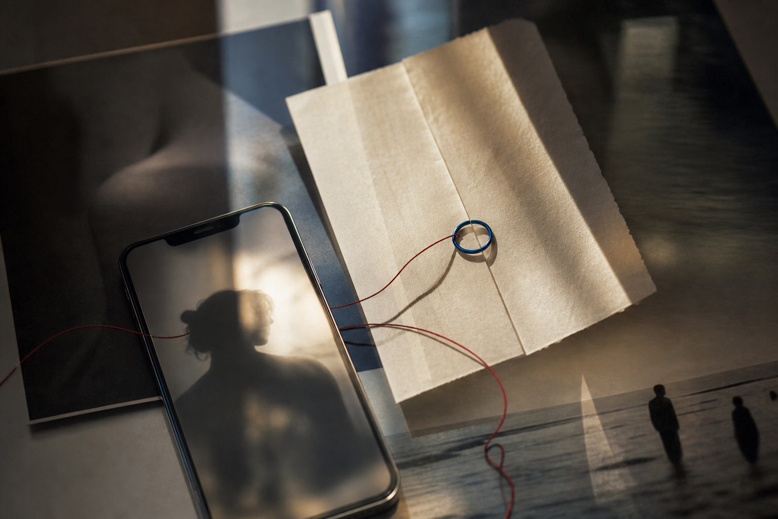 Teléfono, papel plegado y un hilo rojo con un anillo azul como capas simbólicas del deseo