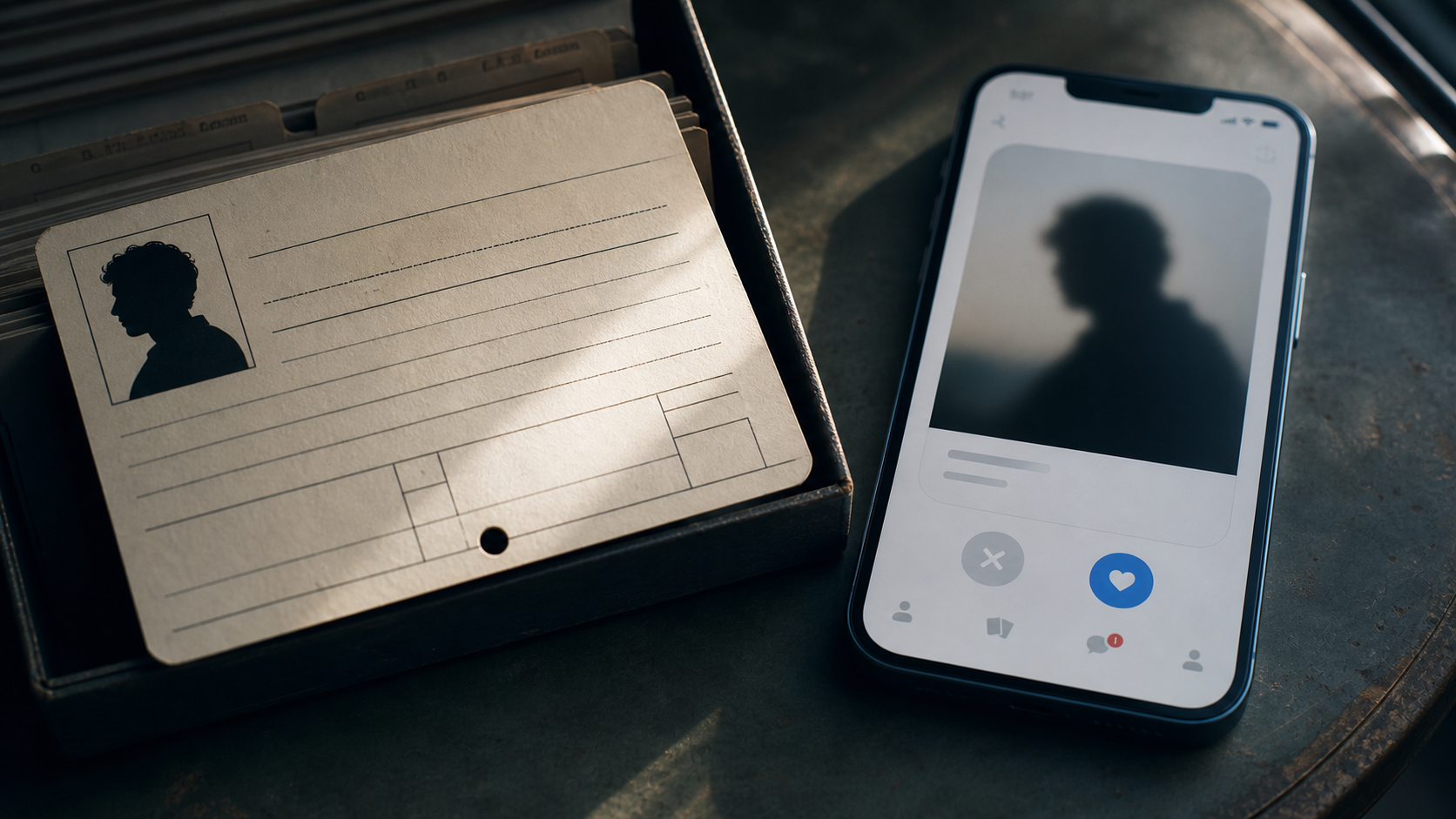 Ficha de archivo y teléfono con retratos abstractos incompletos