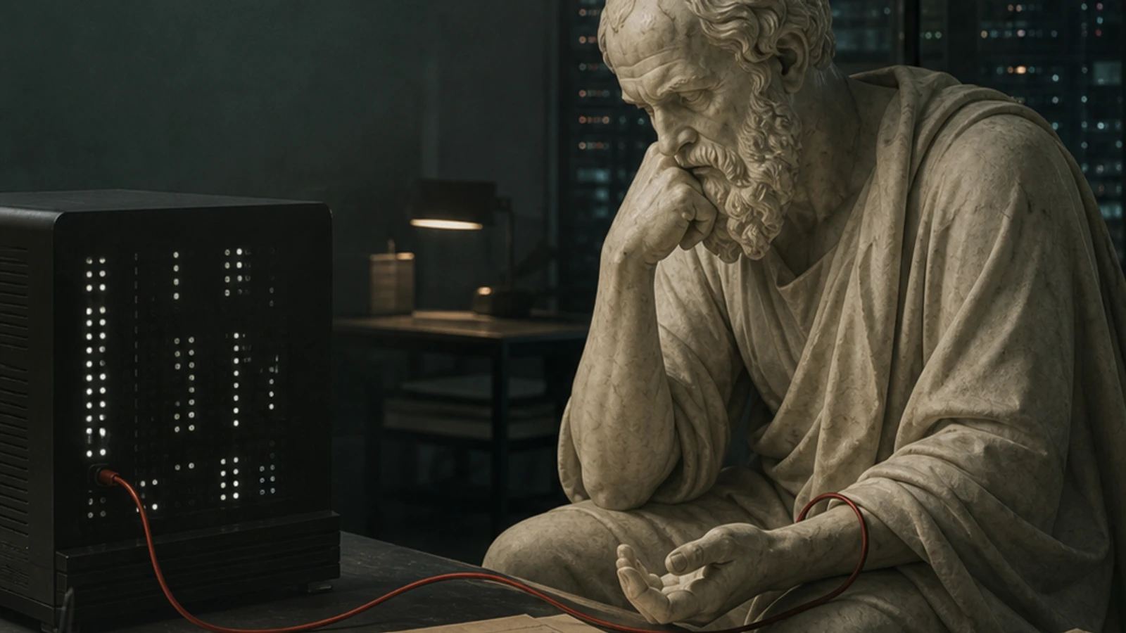 Estatua clásica de un filósofo frente a una terminal de inteligencia artificial, unidas por un cable rojo en un laboratorio nocturno