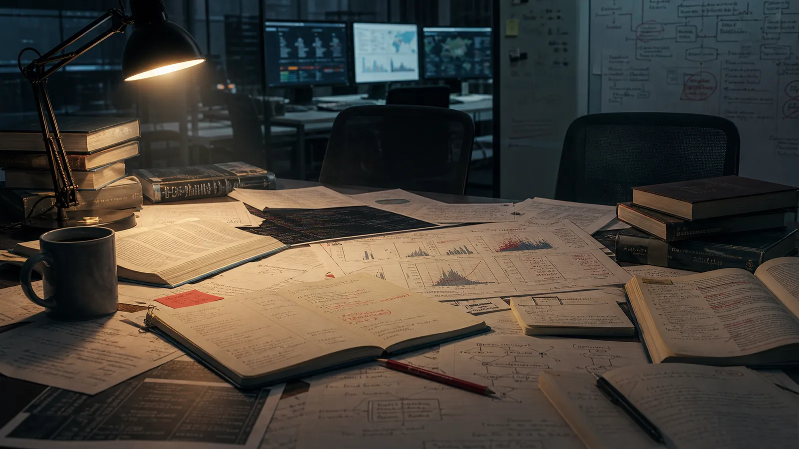 Mesa de deliberación técnica con gráficos, cuadernos, libros y código frente a un laboratorio de IA