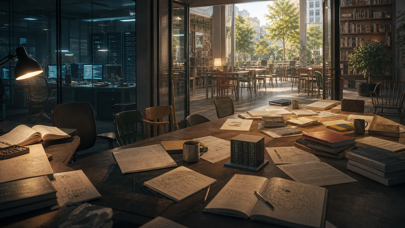 Mesa compartida entre laboratorio de IA y sala pública de lectura, con libros, cuadernos, documentos y un pequeño servidor