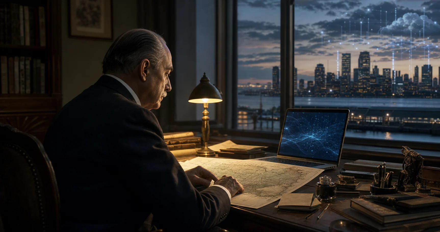 Ucronía visual de Luis Alberto de Herrera ante un escritorio con mapa de Uruguay, una computadora y una ciudad de datos