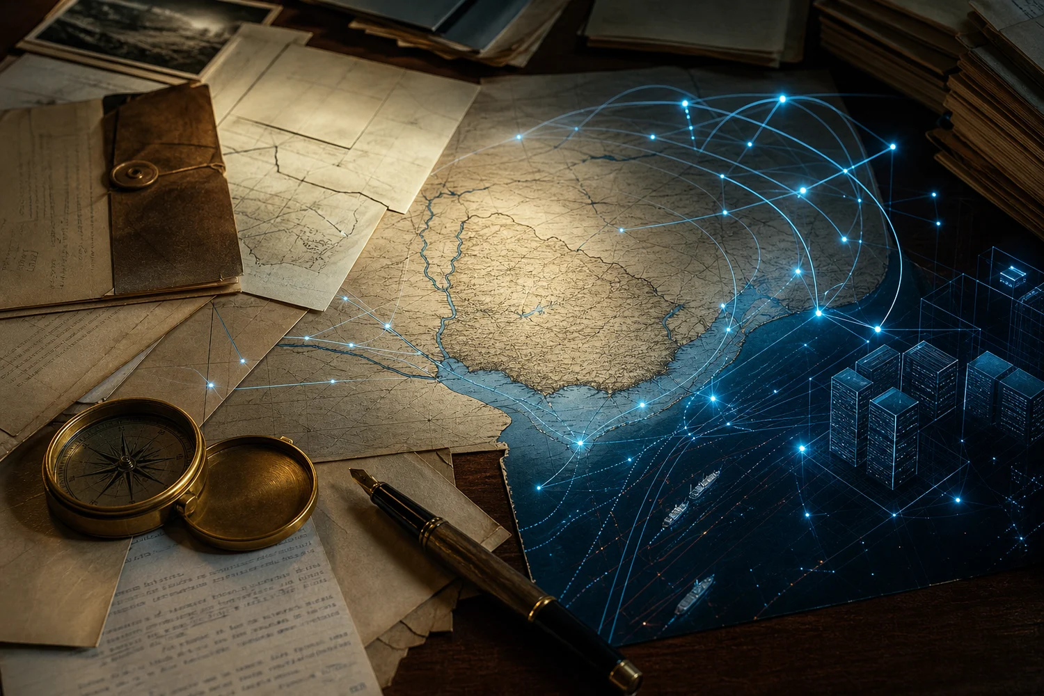 Mapa de Uruguay cruzado por líneas de datos, cables, documentos diplomáticos y rutas de infraestructura digital