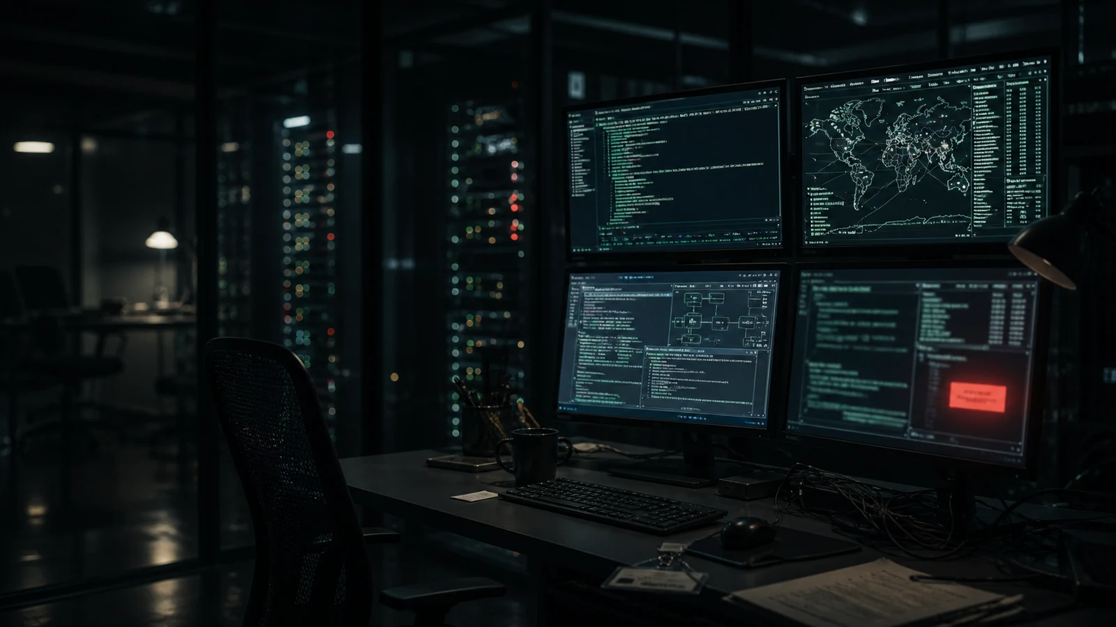 Estación de trabajo nocturna en una sala de servidores, con monitores oscuros, código, mapas de red y una alerta roja difusa