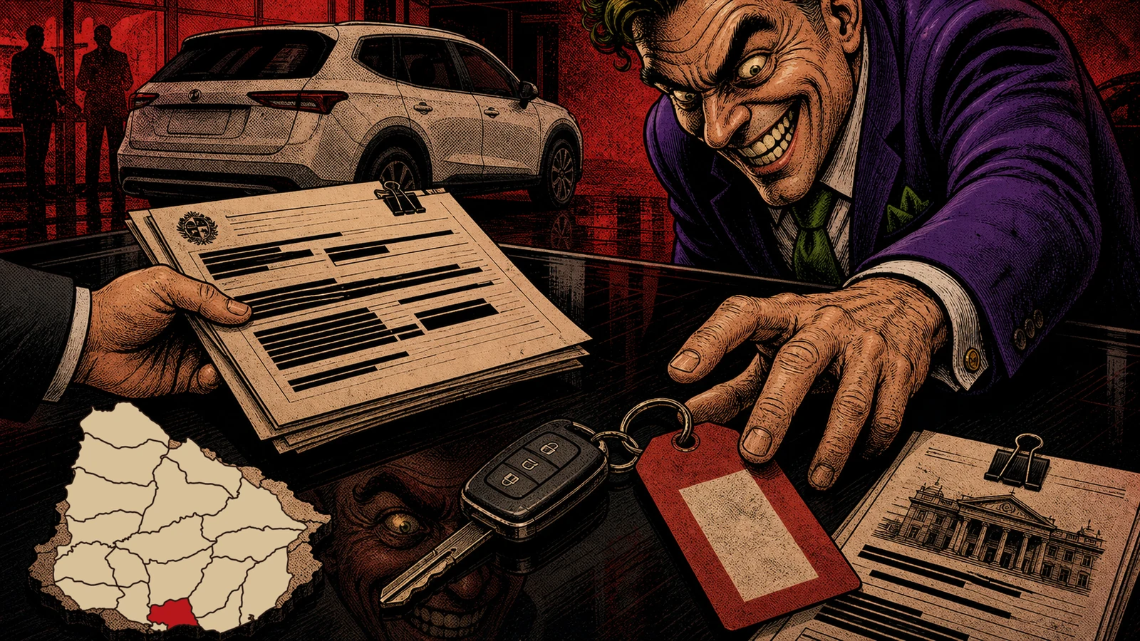 Viñeta de cómic oscuro con una mano ofreciendo un documento redaccionado, una llave de auto, etiqueta roja, mapa de Uruguay con Canelones destacado y una sonrisa reflejada