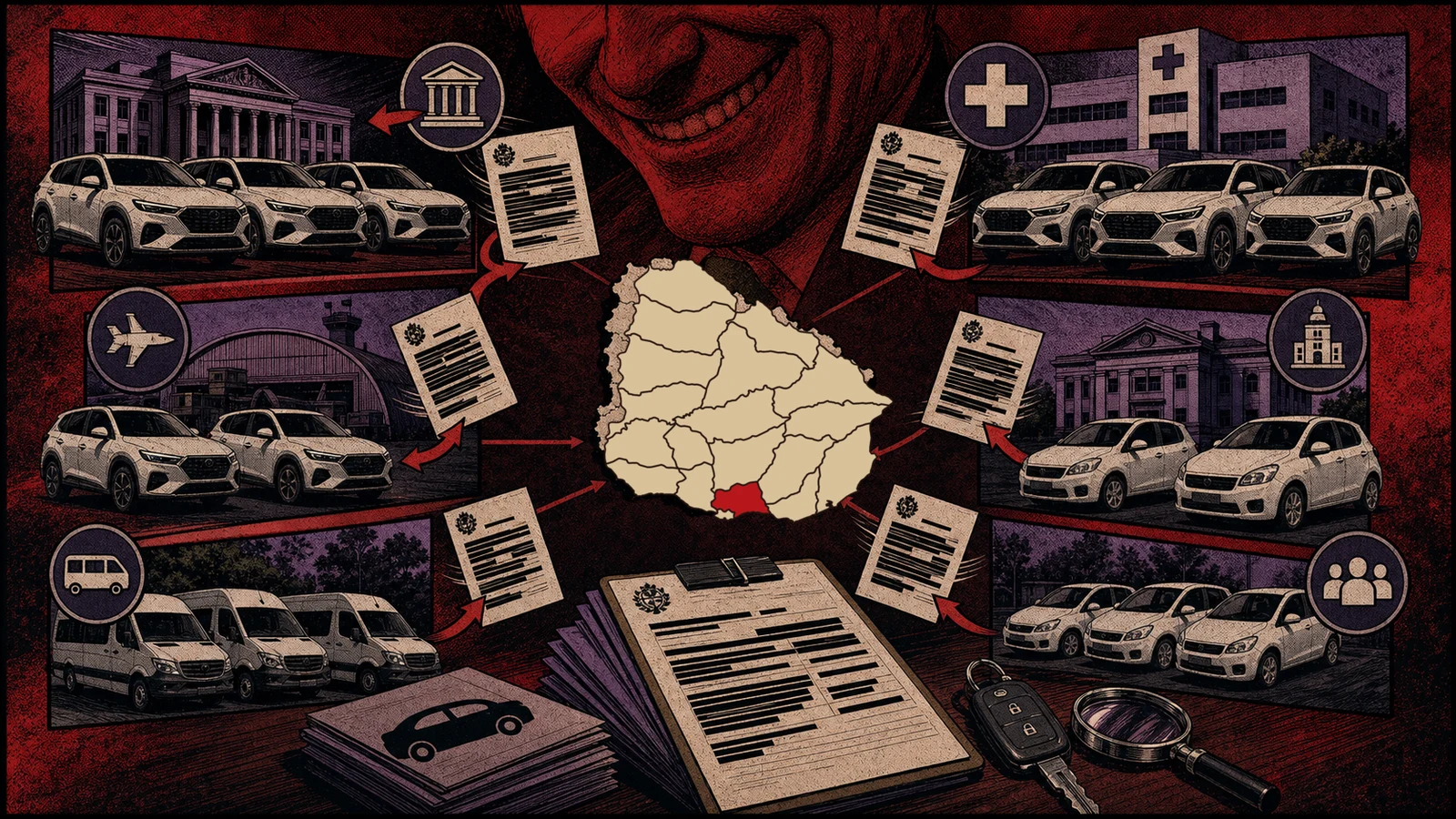 Viñeta de cómic oscuro con mapa de Uruguay con Canelones destacado, flotas estatales genéricas, edificios públicos, documentos redaccionados y una sonrisa en sombra